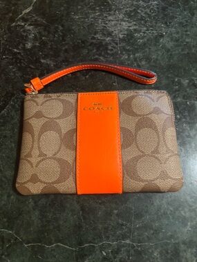 Coach Brown Signature Wristlet with Bright Orange Stripe